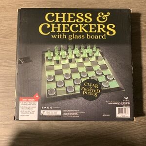 Chess & Checkers With Glass Board And Clear and Frosted Pieces. New Comes In Box